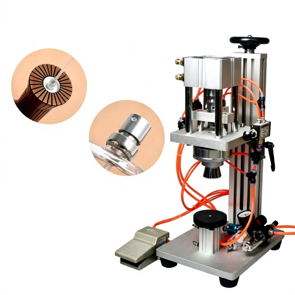 Semi-Automatic Pneumatic Perfume Bottle Capping Machine, Adjustable Height Glass Spray Pump Cap Sealing Equipment