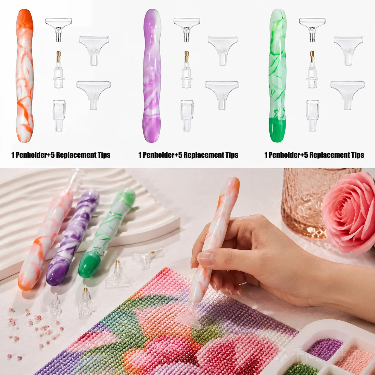 Resin Diamond Painting Pen with 5 Replacement Tips, Handmade Marble Rhinestone Picker Pen for DIY Crafts, Diamond Art Accessorie