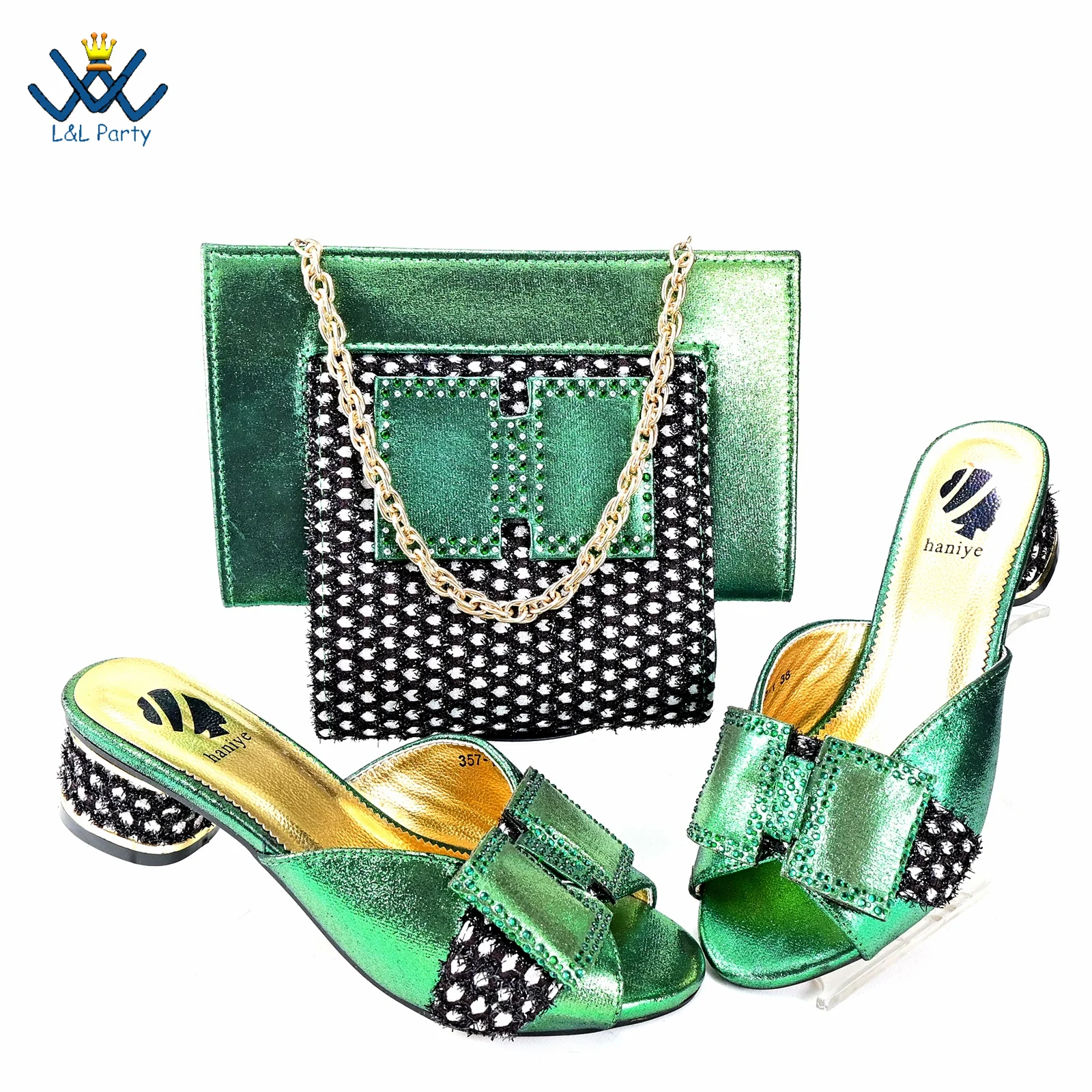 

2024 Winter New Arrivals Italian Design Shoes and Bag Set in Green Color Mature Style Fashion Heels for Wedding Party