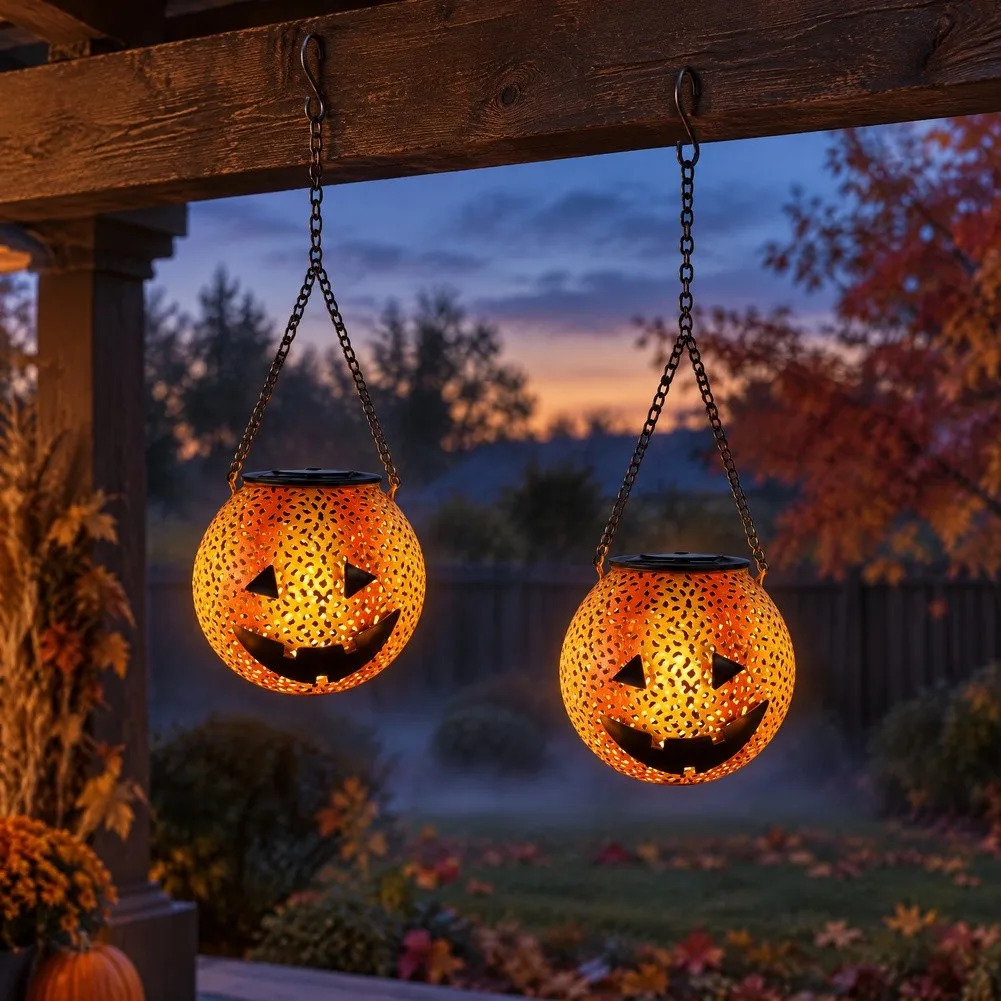 2PCS Orange Solar Pumpkin Lanterns for Halloween Outdoor Garden Yard Decoration Spooky Holiday Wrought Iron 11.5x11.5x43cm