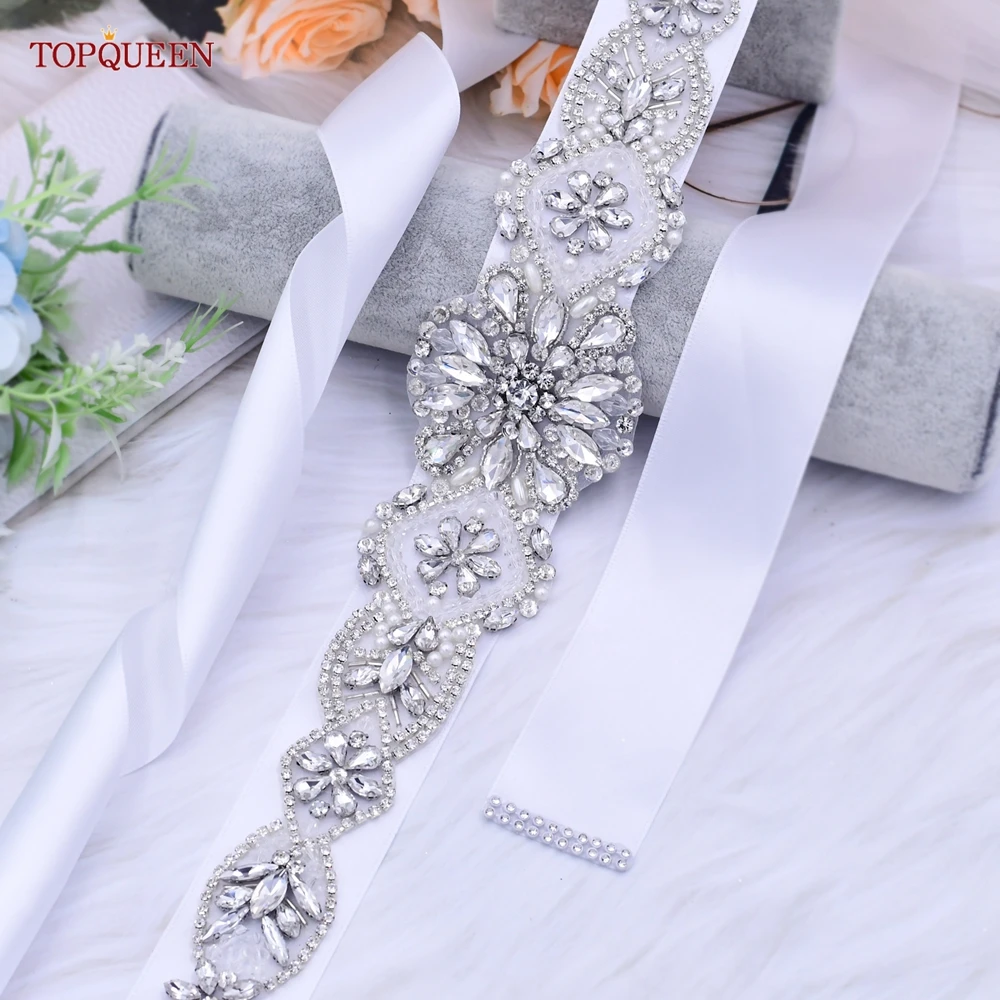 TOPQUEEN S433 Luxury Designer Belts Silver Rhinestone Appliques Wedding Dress Bridal Accessories Women\'S Evening Party Sash