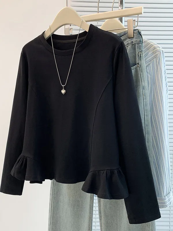 

plus Size Women's Long Sleeve T-Shirt Spring Autumn Loose Fit Leaf Net Version Inner Wear Korean Style Casual Basic Tee