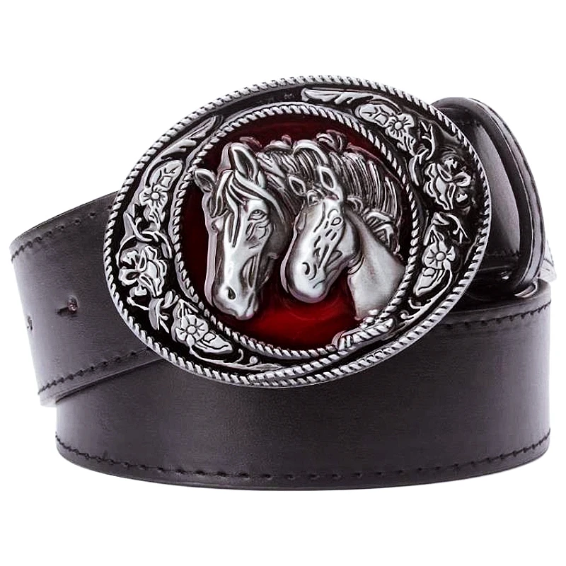 Fashion Men Leather Horse Belt Fine Horse's Head Pattern Floral Buckle Horsemanship Racing