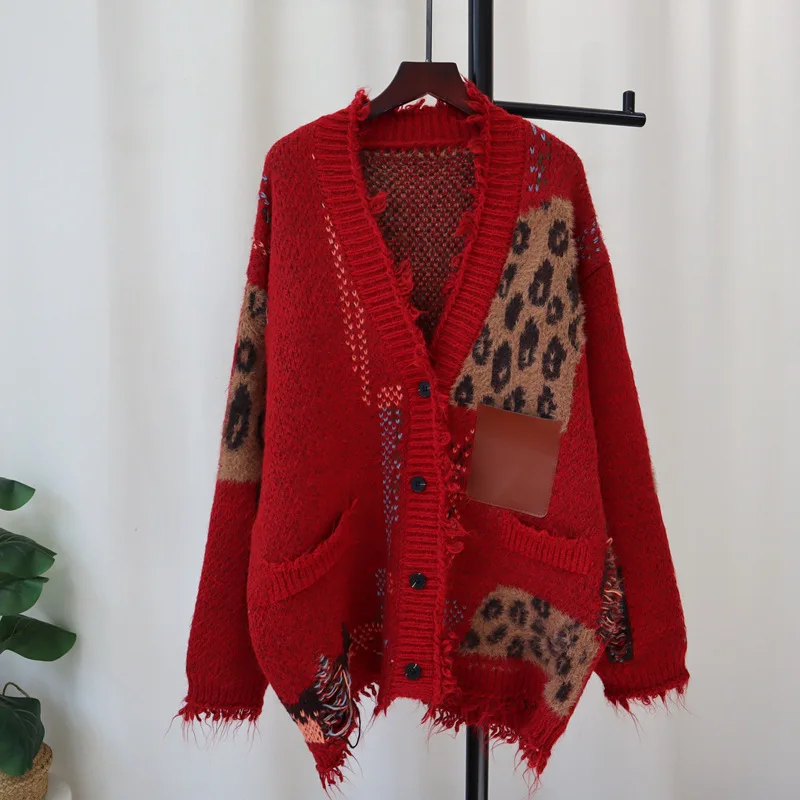 WTHT Trendy Women\'s Spliced Vintage Leopard Loose Knitted Cardigan 2024 Winter Fashion V-neck Long Sweater Female 1LS593