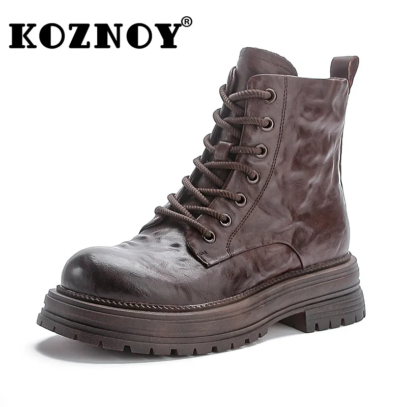 

Koznoy 5cm Cow Natural Genuine Leather Women Autumn British Moccasins PUNK Fashion ZIP Ankle Boots Platform Wedge Spring Shoes