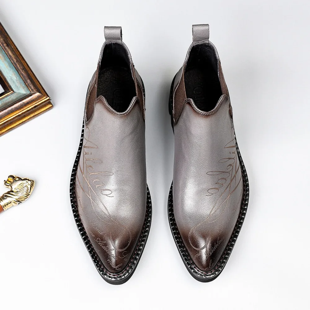 Genuine Leather Dress Shoe for Men Autumn Winter Soft-soled Increased Men Leather Boots New Designer Platform Chelsea Boots Male