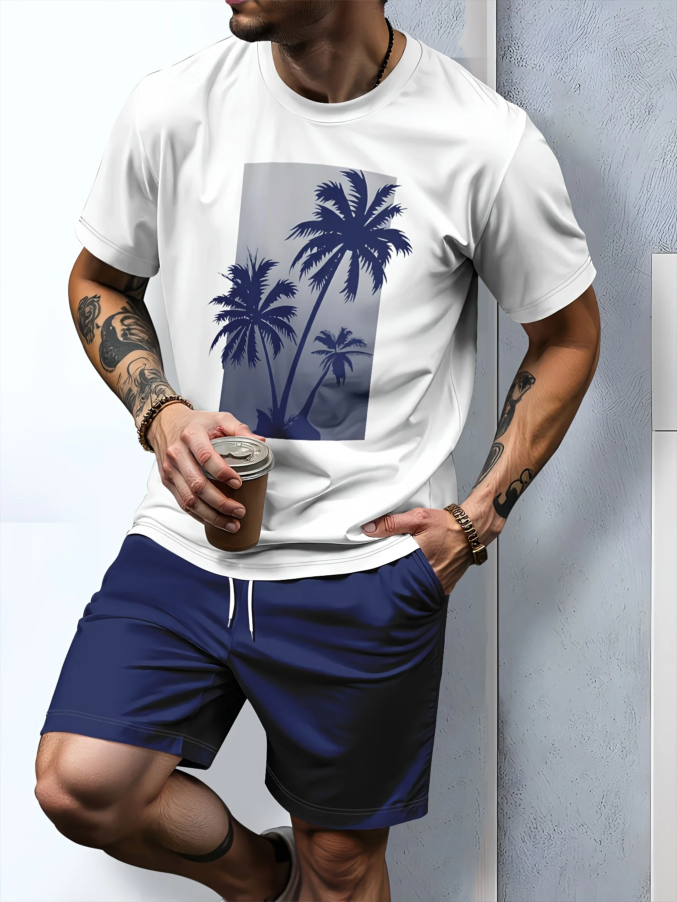 Men Summer Short-Sleeve Set Coconut Tree Print Crew Neck T-Shirt Set Streetwear Outdoor Breathable T-Shirt Drawstring Shorts Set