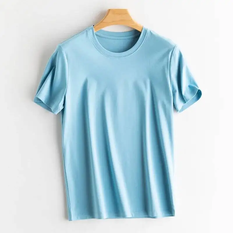 2022 Zachte Moerbei Zijde Katoenen T-Shirts Dames Losse Ronde Hals Korte Mouw T-Shirts Effen Kleur Zomer Tops Hoge Kwaliteit