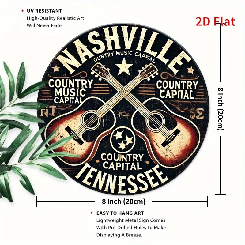 2D Flat Nashville Tennessee Country Music Capital Round Metal Tin Sign, Vintage Crossed Guitars Wall Decor, Retro Rustic Music C