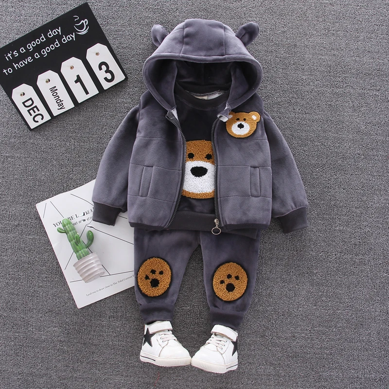 Girls Fleece Bear Ear Hood Vest + Chenille Bear Face Top & Paw Pants 3Pcs Set Kids Warm Winter Outfit 80-130