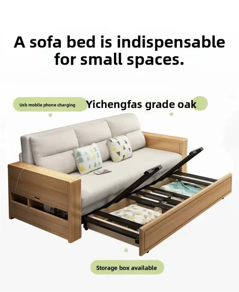 Oak Sofa Bed Foldable Dual-purpose Small Apartment Living Room Solid Wood StorageN20