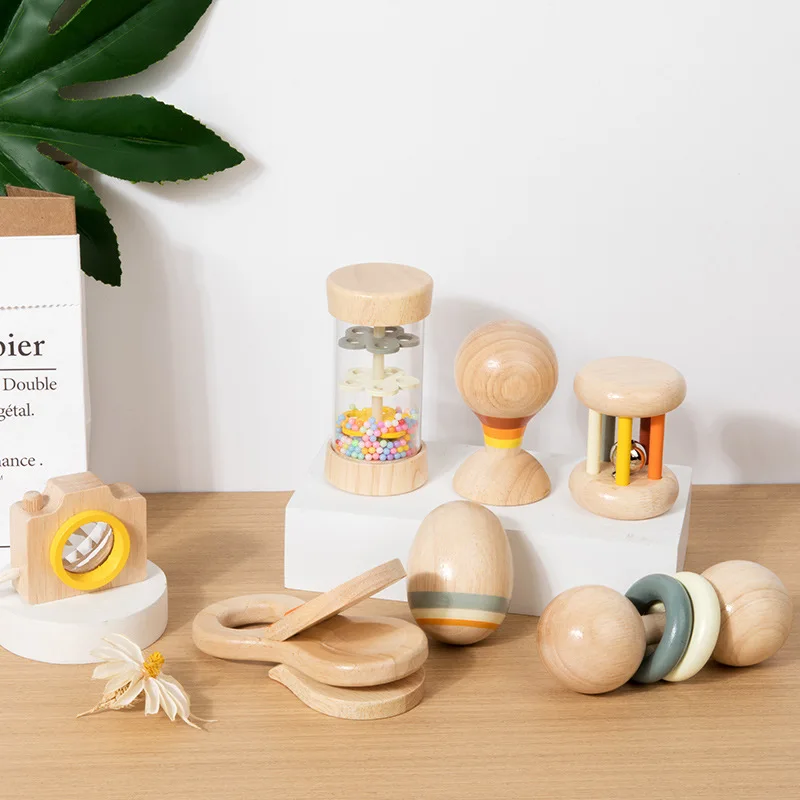 7PCS Houten Rammelaar Speelgoed Baby Rustgevende Muziek Speelgoed Baby Greep Auditieve Visuele Training Pasgeboren Zintuiglijke Training Speelgoed Pasgeboren Geschenken