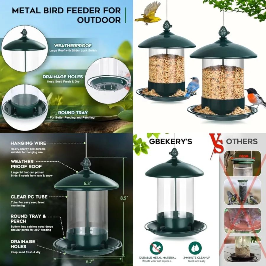

Metal Bird Feeders for Outdoors Hanging, Weather Resistant Wild Bird Feeder with 360 Degree Feeding Tray,,Pack