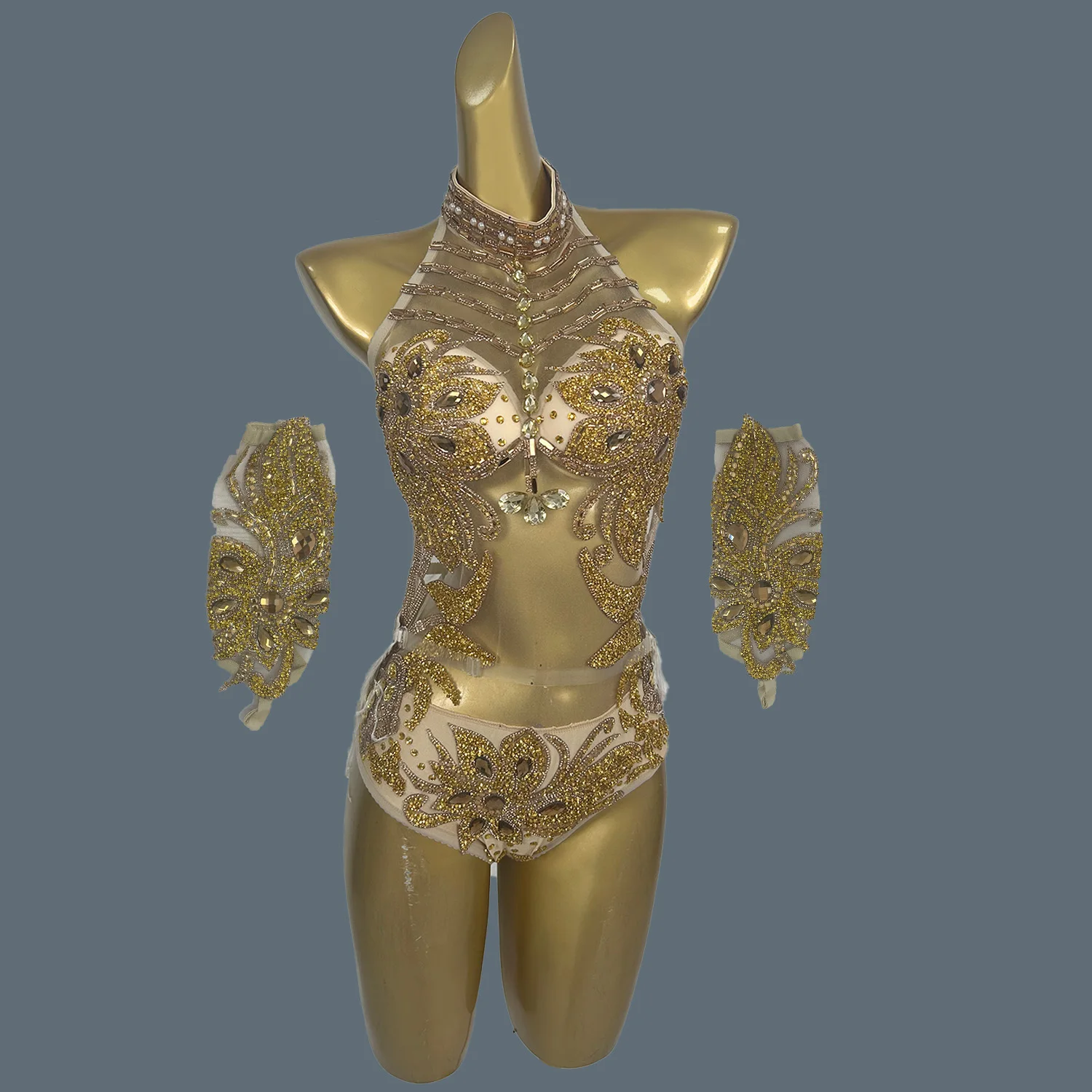 Sparkly Gold Rhinestone See Through Mesh Feather Bodysuit Gloves Set Sexy Showgirl gig Wear Dance Party Outfit Gaolingjinyumao
