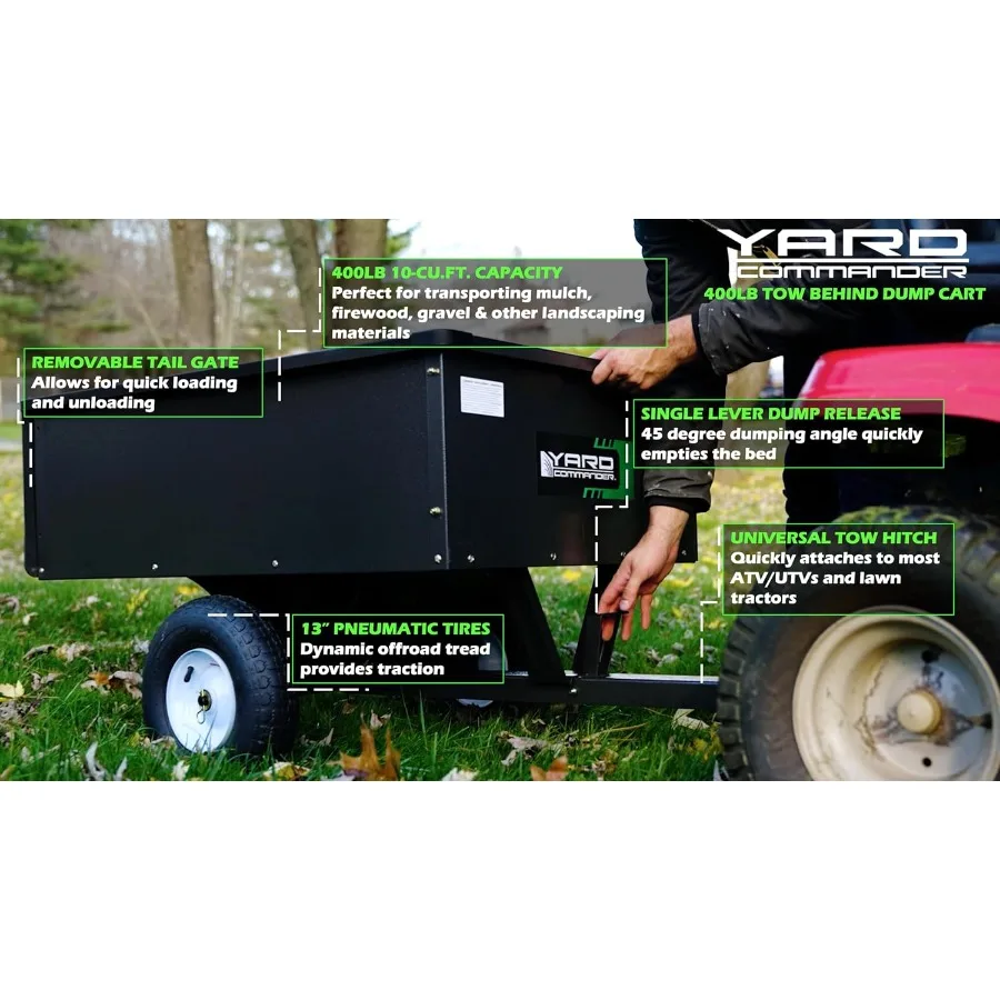 Garden utility trailer for riding lawn mower tractor, heavy-duty steel construction, black finish, 400LB capacity and 10-cubic