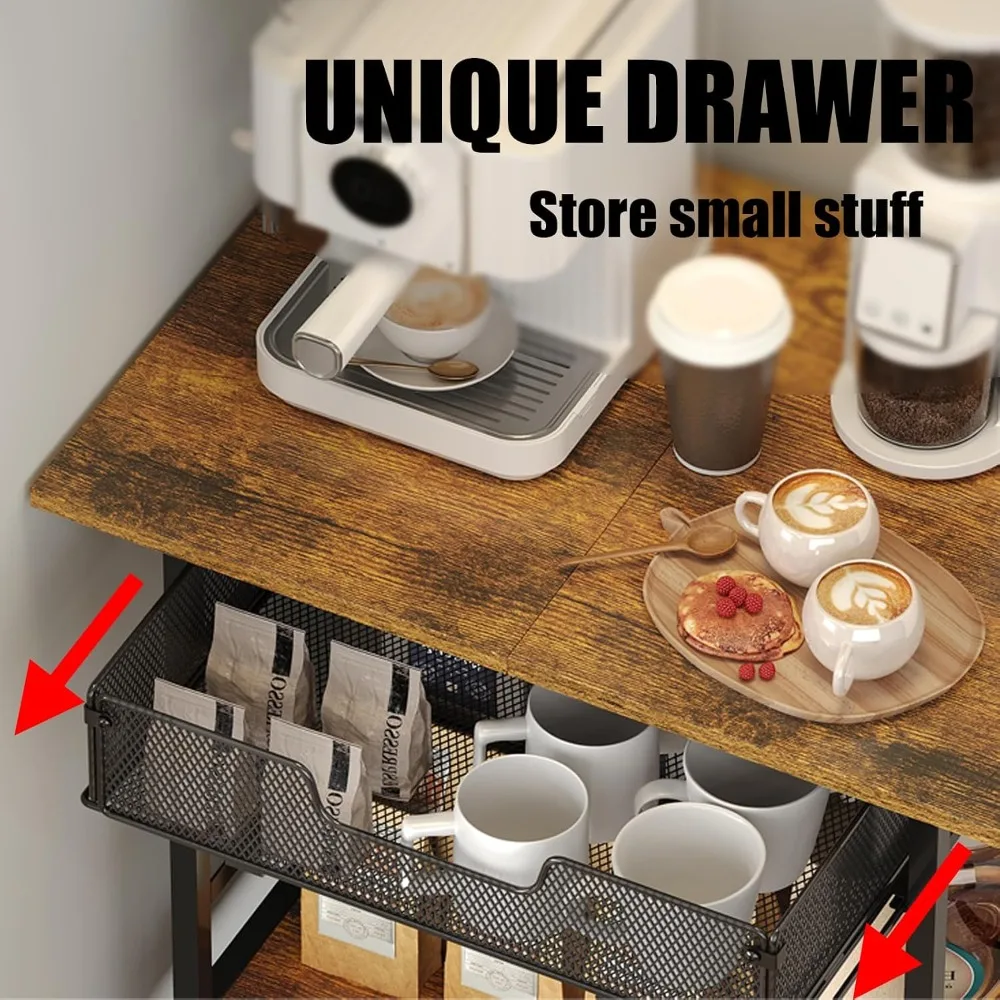 3-Tier Slim Rolling Coffee Cart with 2-Door Cabinet & Pull-Out Wire Basket, Lockable Casters, 32.7" H Microwave Cart for Home Kitchen Dining Room view 4