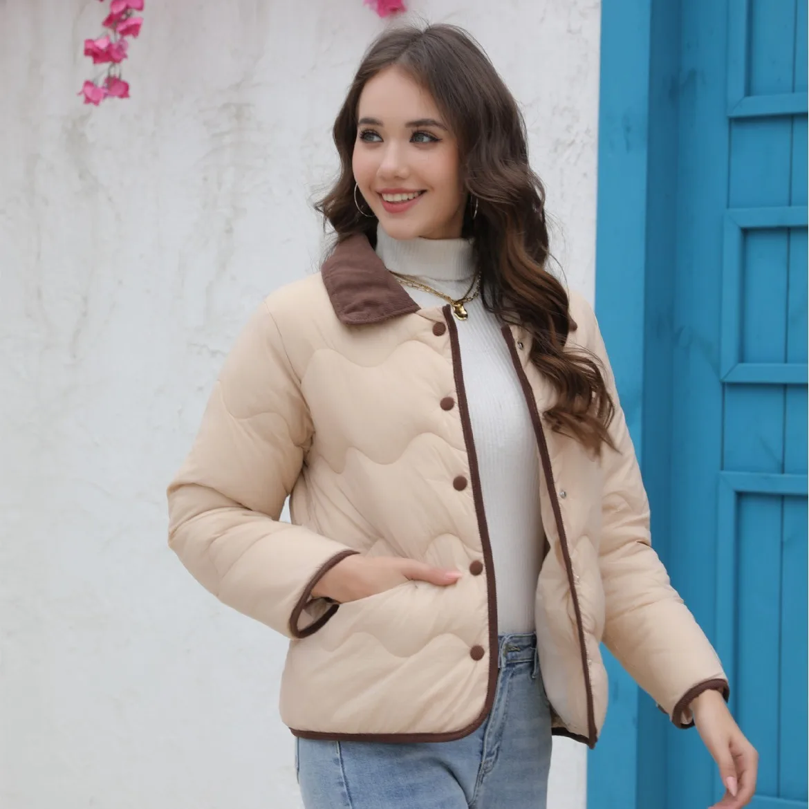 

Spring Autumn Women’s Turn-down Collar Long Sleeve Color-coded Casual Trendy Loose Quilted Jackets Female Clothes Parkas Coats