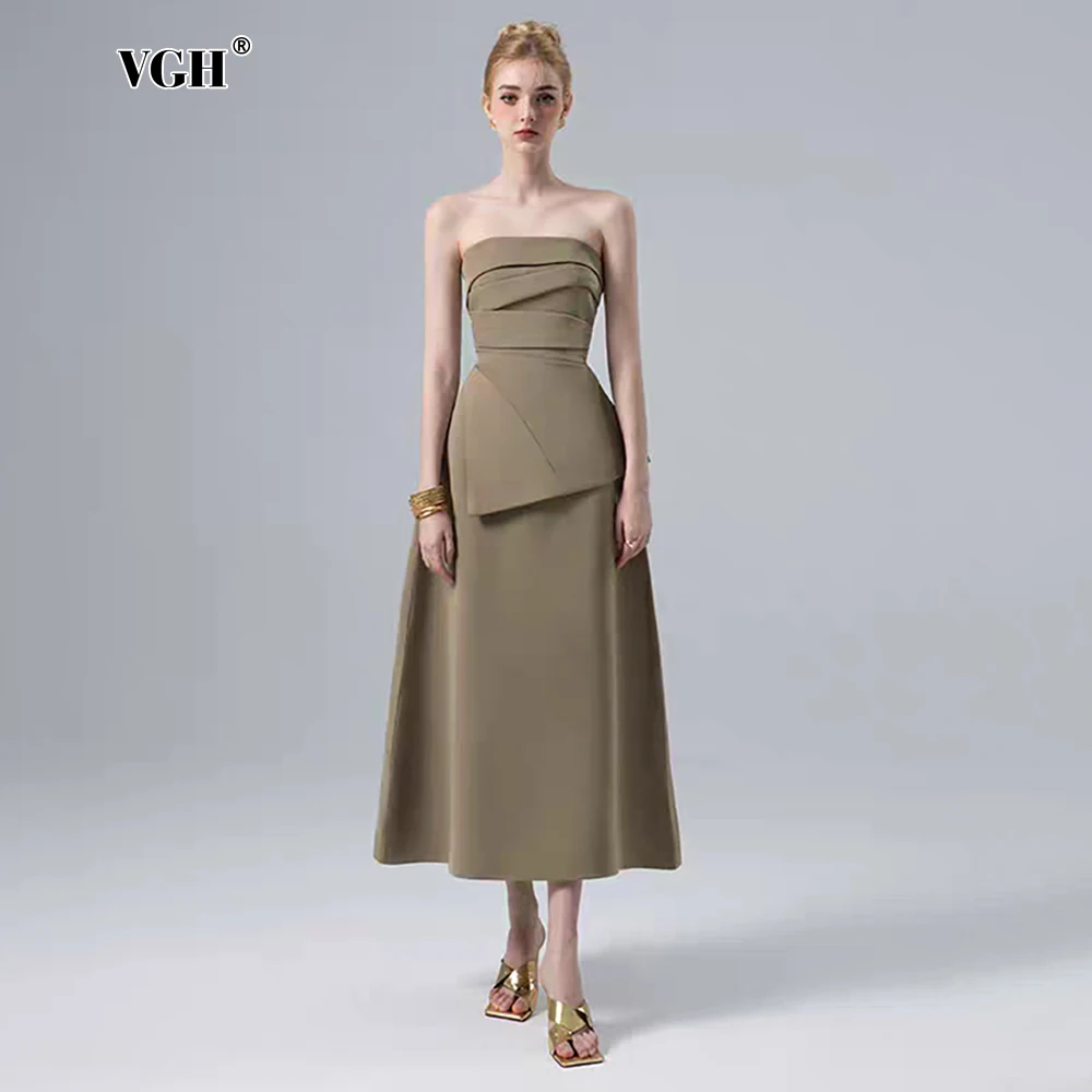 

VGH Elegant Skirts Suit For Women Strapless Sleeveless Backless Tops High Waist Solid A Line Skirt Temperament Set Female New