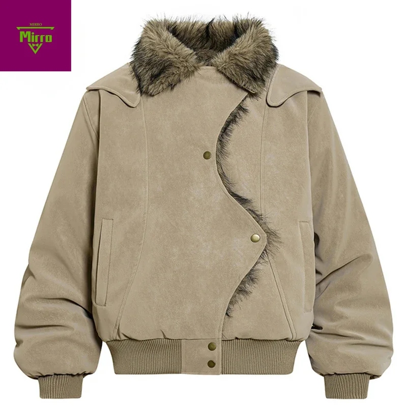 

Men Winter Jackets Plush Warm Parkas Coats Irregular Patchwork Padded Jackets Vintage PU Leather Jackets Outwear