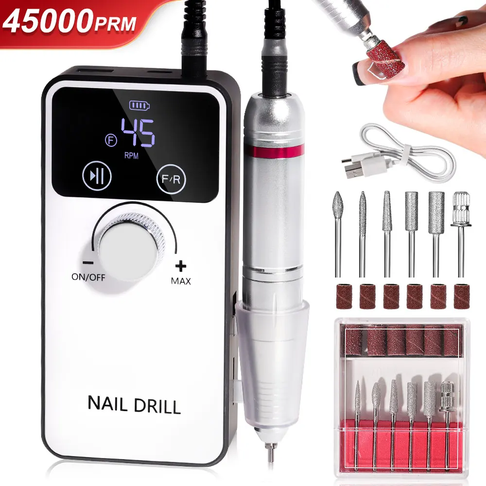 45000RPM Professional Electric Nail Drill Rechargeable Nail File Portable Gel Nail Polish Nail File Manicure Salon Tool