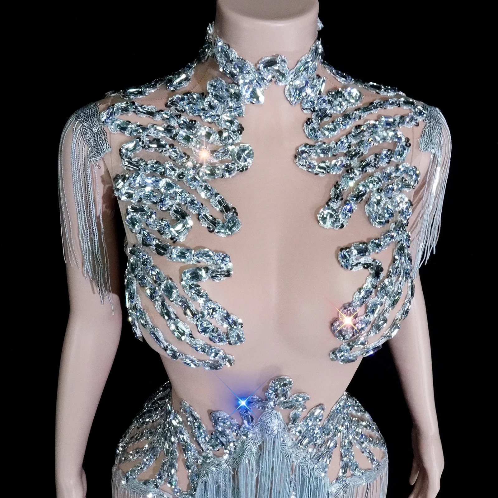 블랙 마담 메쉬 태슬 바디수트 스팽글 디자인 댄서 공연 생일 파티 댄스 의상 무대 의상 나이트클럽 드랙퀸