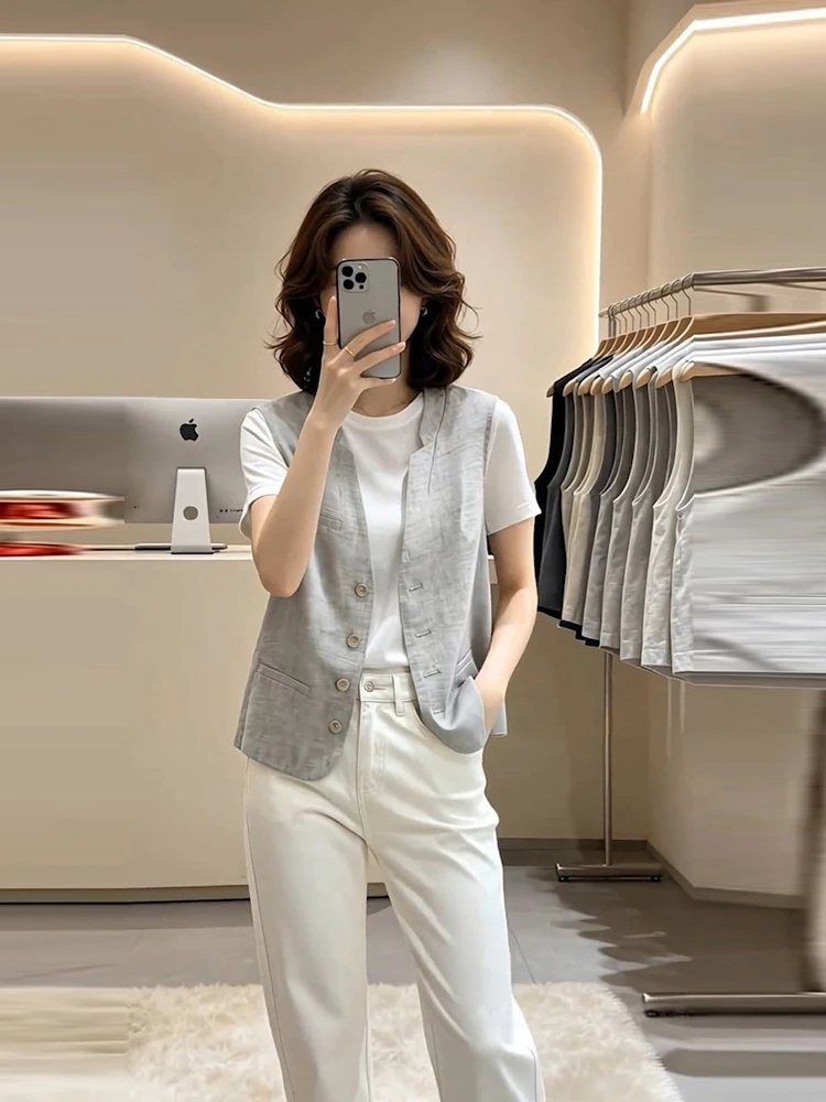 Linen Sleeveless Suit Vest Women's Summer High-End Loose Layering V-Neck Cotton Linen Shoulder Top Button up Inner Wear