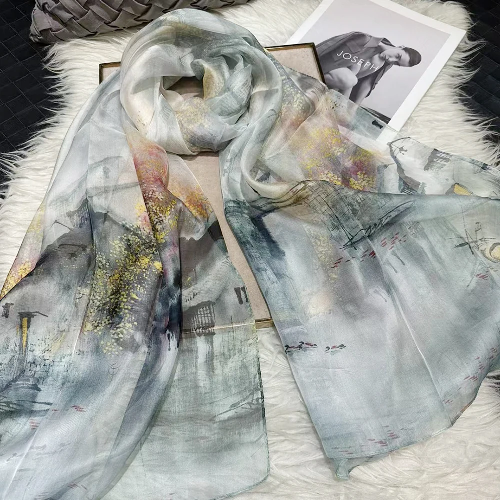 Grey White 100% Silk Shawl Scarf Women Fashion New Floral Design Long Scarves Wraps Summer Silk Chiffon Beach Scarf 180*110cm