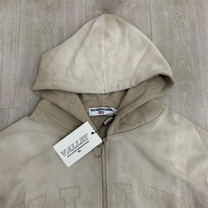 Embroidered Logo VALLEY Hooded Jackets Men Women Washed American Streetwear Pure Cotton Vale Oversized Hoodie
