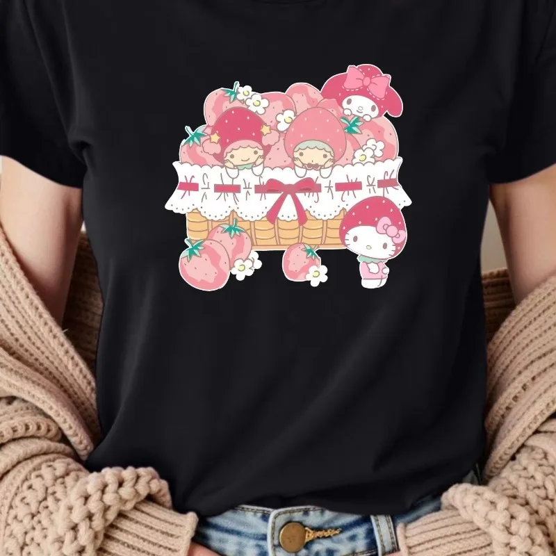 

Sanrio Hello Kitty двойная звезда модная женская футболка с короткими рукавами размера плюс 2025 летний многофункциональный повседневный свободный топ