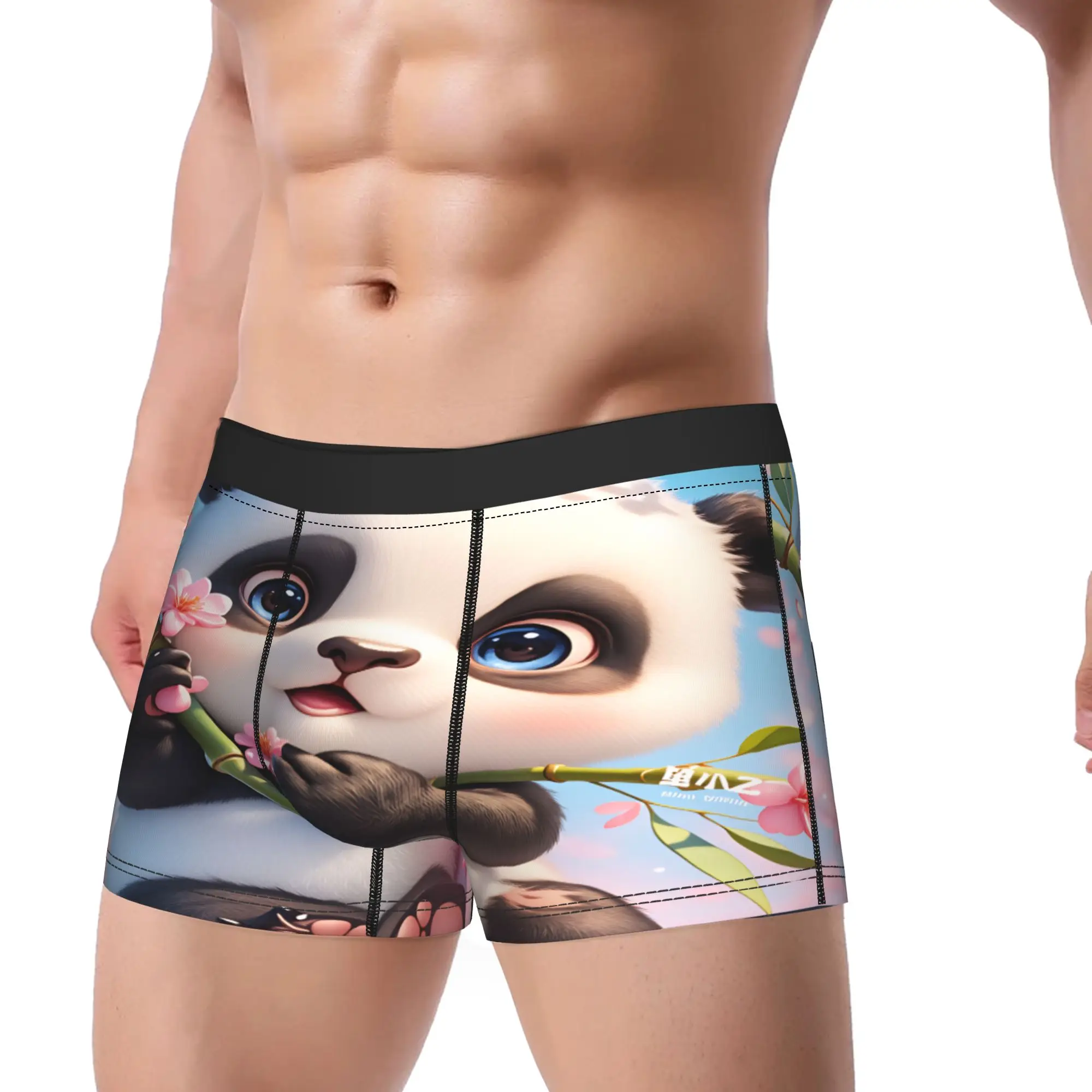 Kawaii Panda Holding Cherry Blossom Bamboo Underwear  Man Boxer Brief Breathable Boxershorts Quality Custom Plus Size Underpants