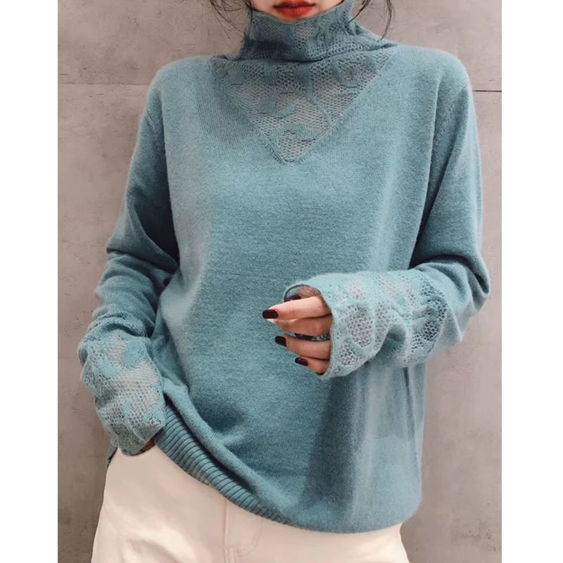 Korean Elegant High Collar Hollow Basic Knitted Sweater for Women Fashion Solid Loose Long Sleeve Pullovers Tops Jumper Clothing