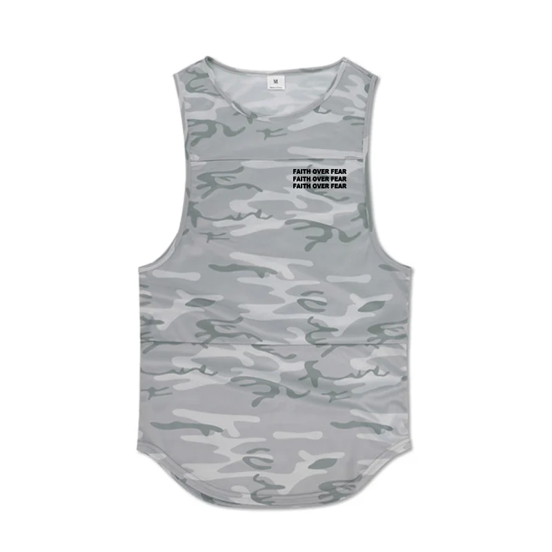 Faith Over Fear Sleeveless Summer T-shirts Gym Bodybuilding Muscle Mesh Quick Dry Tank Tops Mens Fitness Sport Camouflage Vests