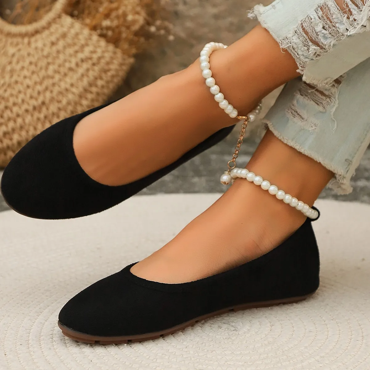 

Women Casual Round Toe Cute Flats Flock Comfortable Ballerina Church Flats Female Suede Elegant Soft Sole Shoes for Women