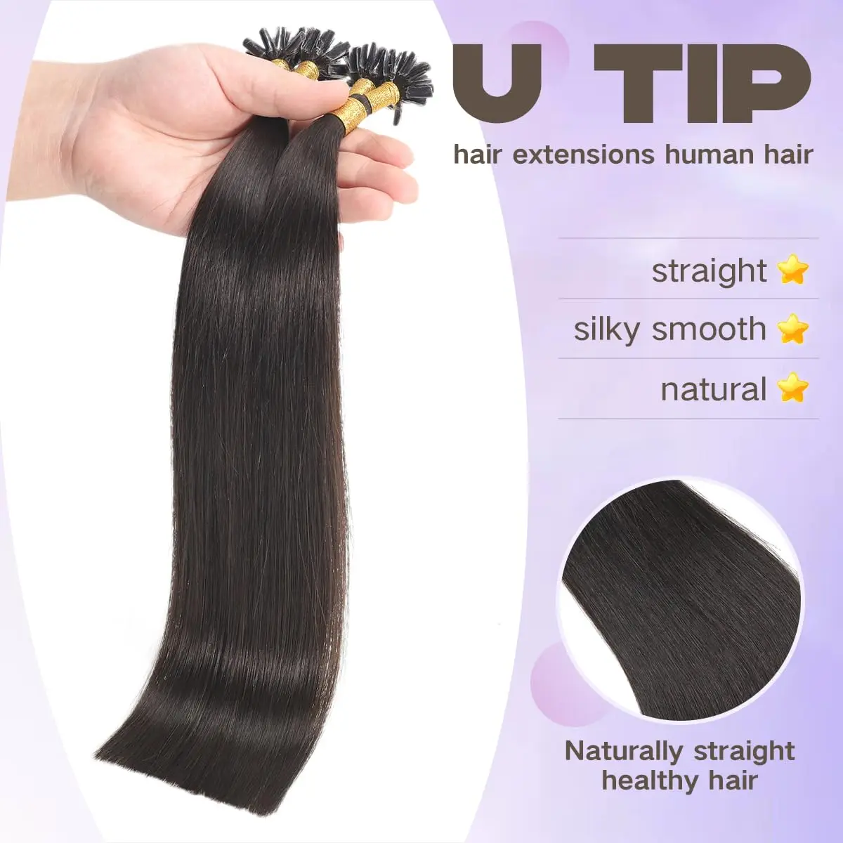 Extensiones de cabello liso con punta en U, cabello humano negro Natural, Remy, paquete de 100 hebras, n. ° 1B