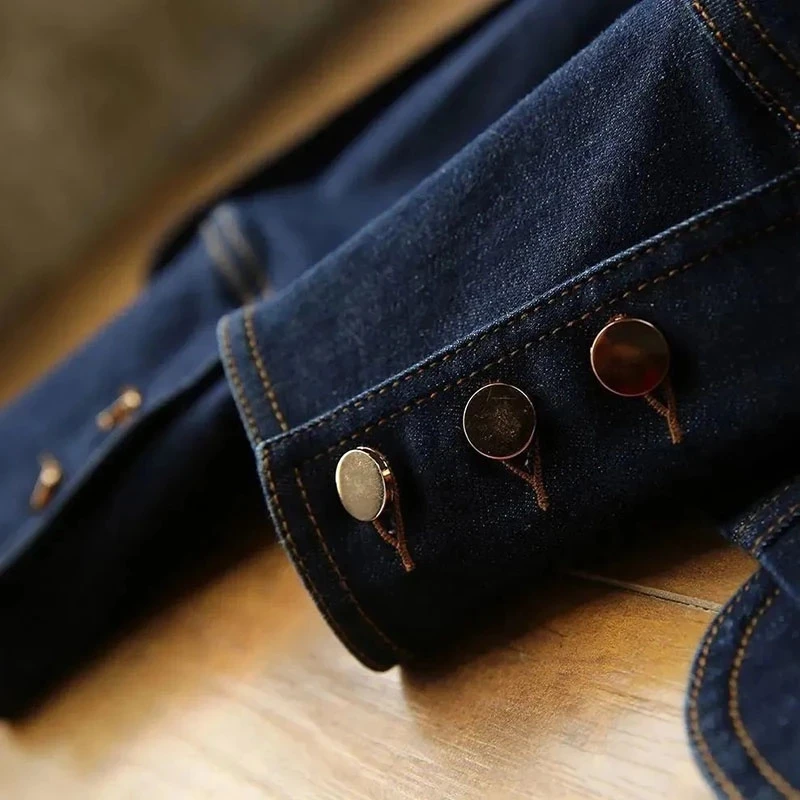 Chất Lượng Cao Màu Xanh Navy Denim Ngắn Thiết Kế Nút Bấm Áo Cộc Tay Nữ Vintage Tay Dài Kiểu Chữ V Nhỏ Phù Hợp Với Áo Khoác