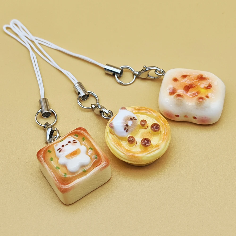 3pcs Set Japanese Style Cute Cat Bread Phone Charms Kitten Toast Keychains Kawaii Lanyard Pendant for Bags Perfect Gift