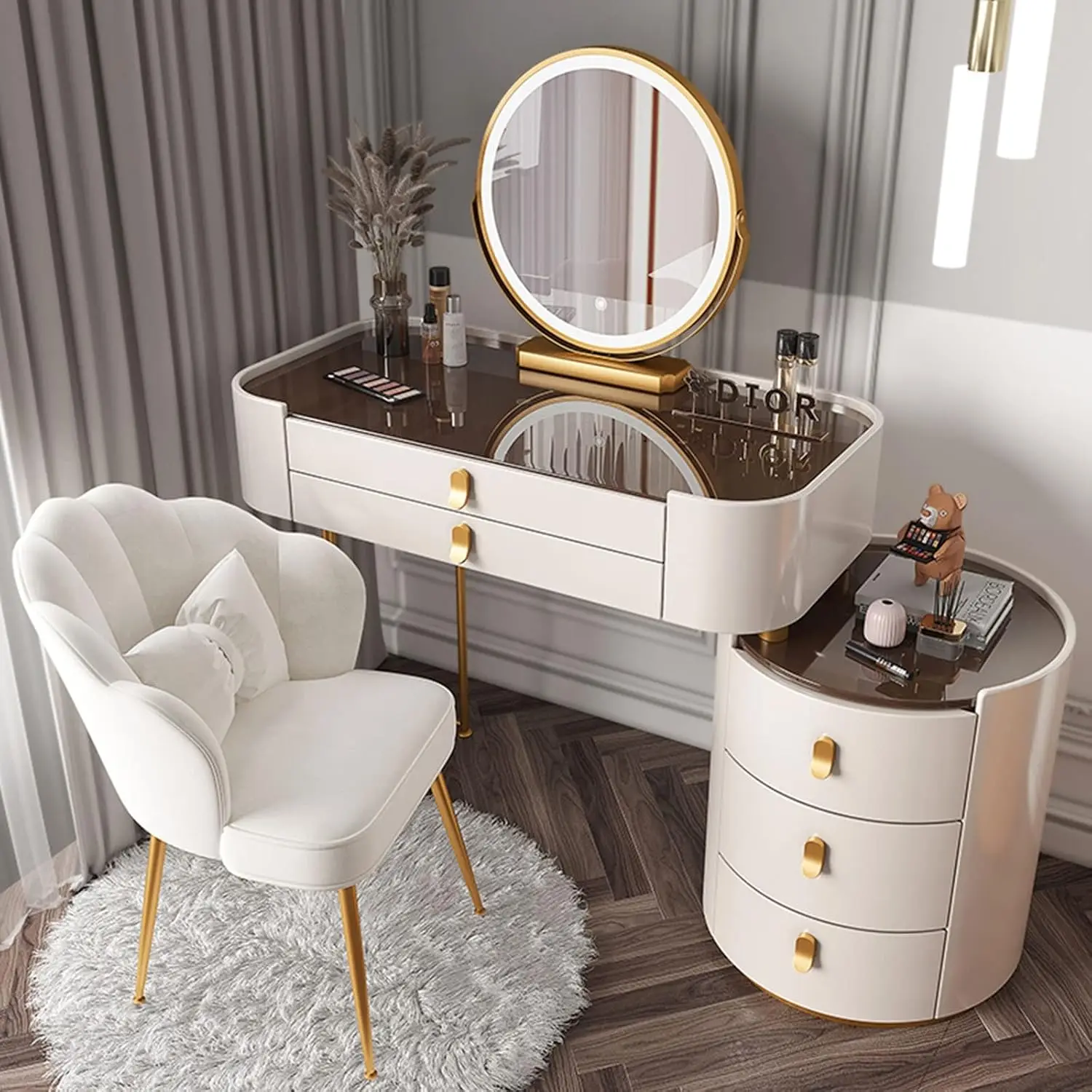 Makeup Vanity Desk with Lighted Mirror and Glass Top, Modern White Vanity Set with 3 Drawers, Side Cabinet & Chair, 3 Color LED