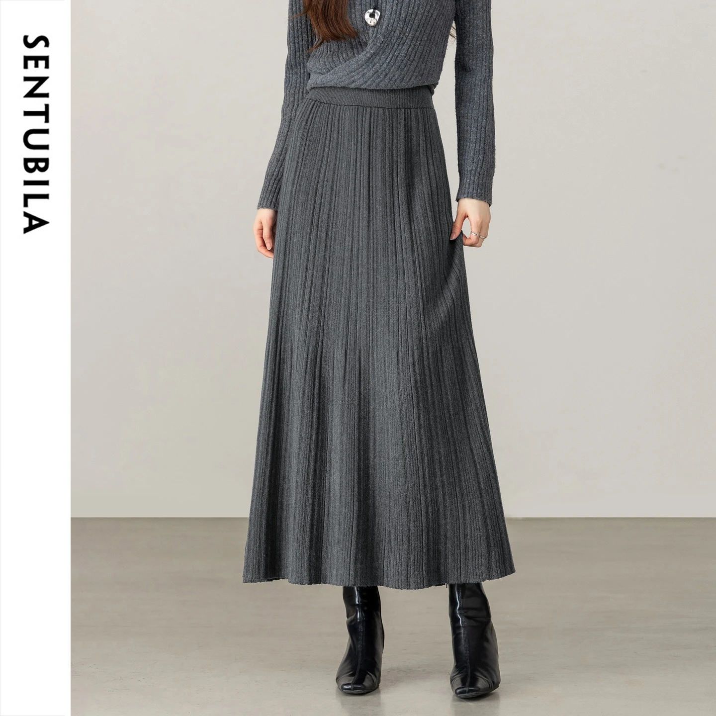 SENTUBILA Women Pleated A‑Line Maxi Skirt Winter High Waist Elastic Waistband Thick Warm Drape Elegant Commuter Skirt W64QM8531