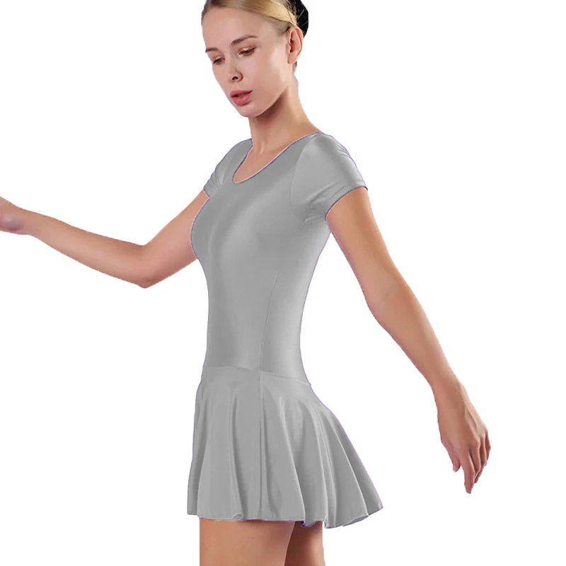 Summer Women Ballet Dance Skirted Leotards Short Sleeve One Piece Bodysuit with Skirts Gymnastics Dress Dancewear Costumes Adult