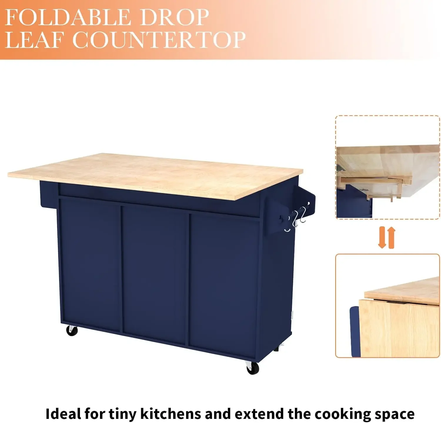 HLR Kitchen Island on Wheels, Drop Leaf Countertop, Barn Door Table, Rolling Cart