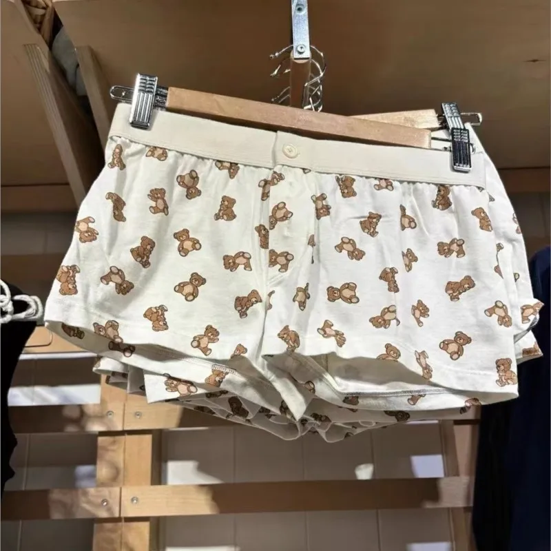 Little Bears Print Shorts Women Buttons Patchwork Elastic Waist Casual Straight Short Pants Summer Cute Cotton Home Underwear