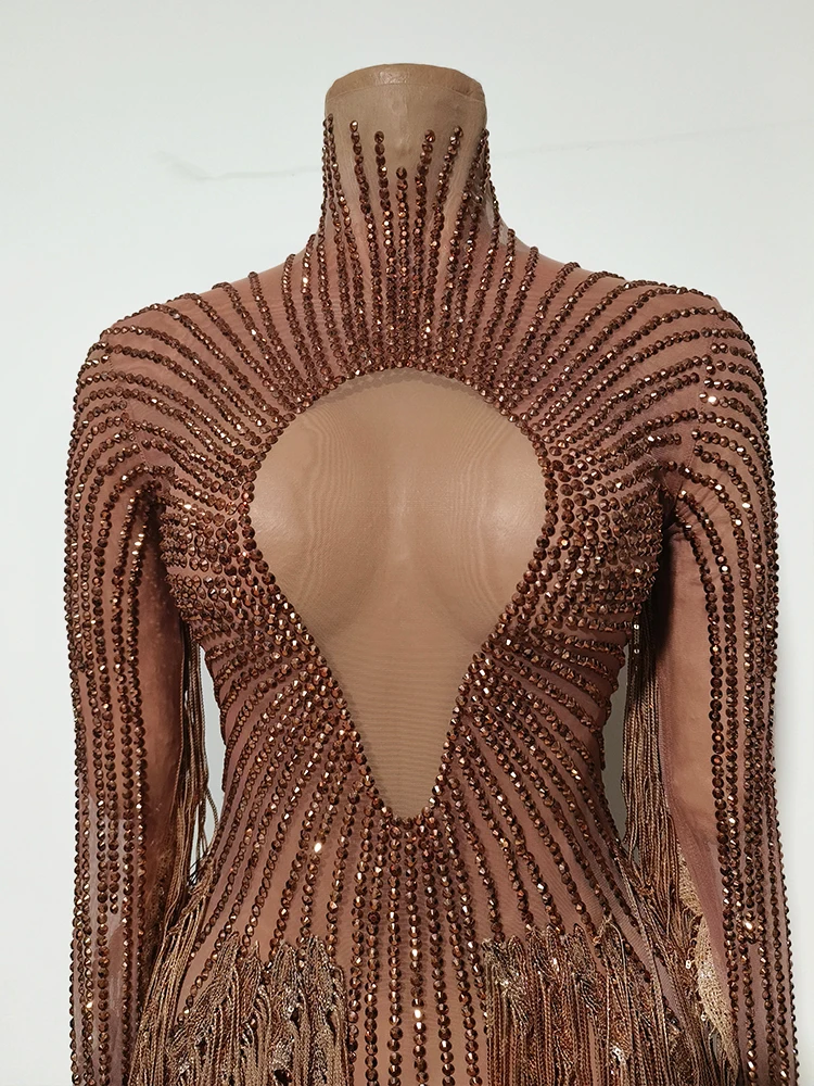 Vestido sexy marrón drag queen con borlas, Ropa de baile latino para mujer, celebración de pasarela, espectáculo, fiesta, club nocturno, actuación, traje de cantante
