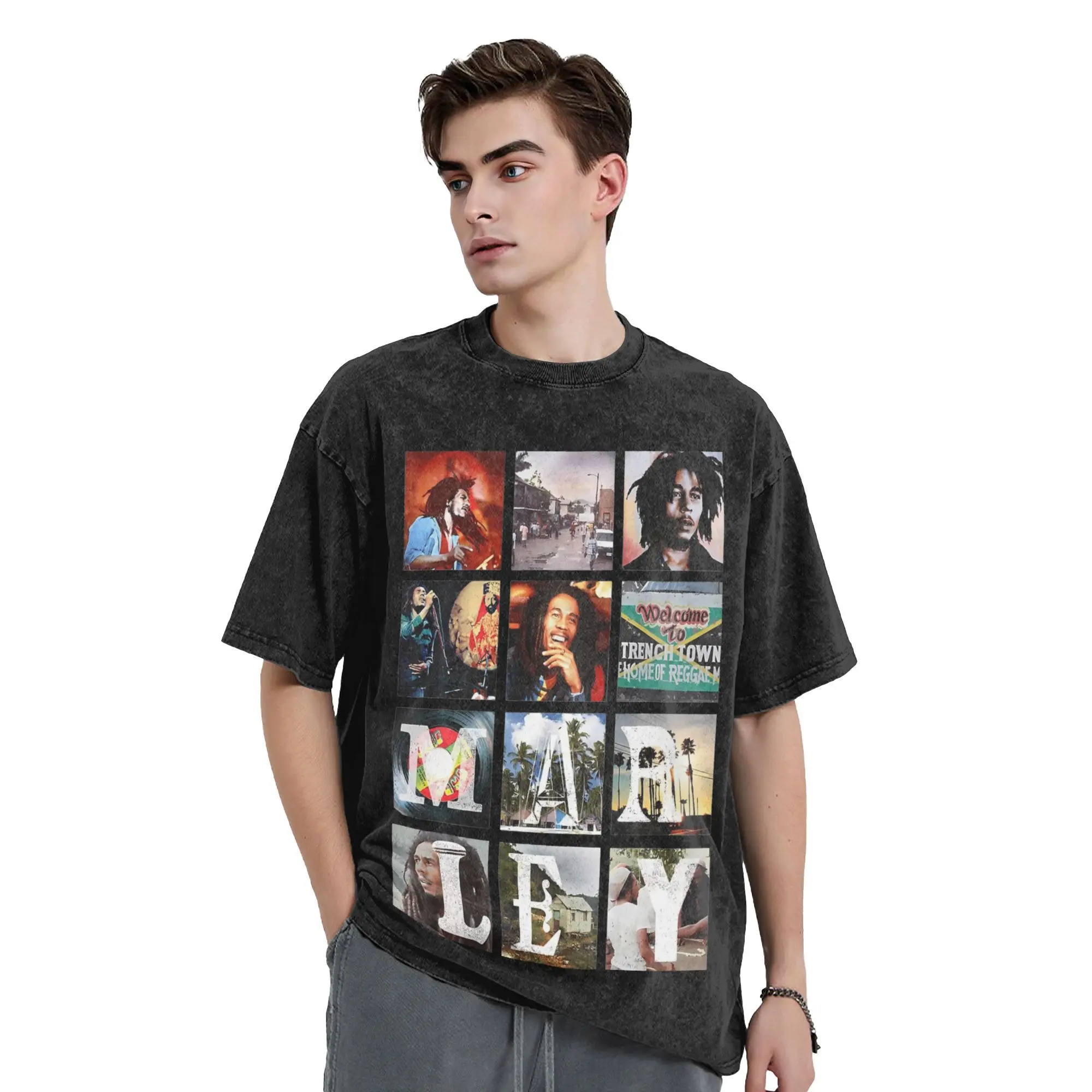Streetwear Bob Marley Collage Reggae Vintage Washed T-Shirt Men's Cotton Short Sleeve Jamaican Music O-neck Summer Clothes