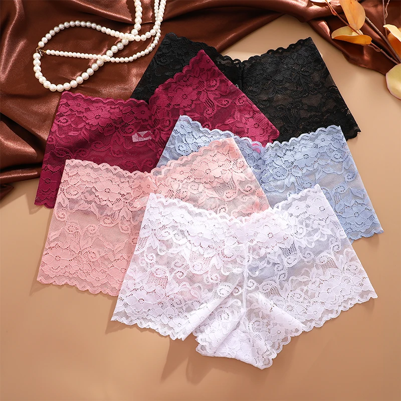 FINETOO 3Pcs Women Lace Floral Boyshorts Sexy Hollow Out Panties Low Waist Briefs Female Stretch BoxerShort Lingerie Transparent