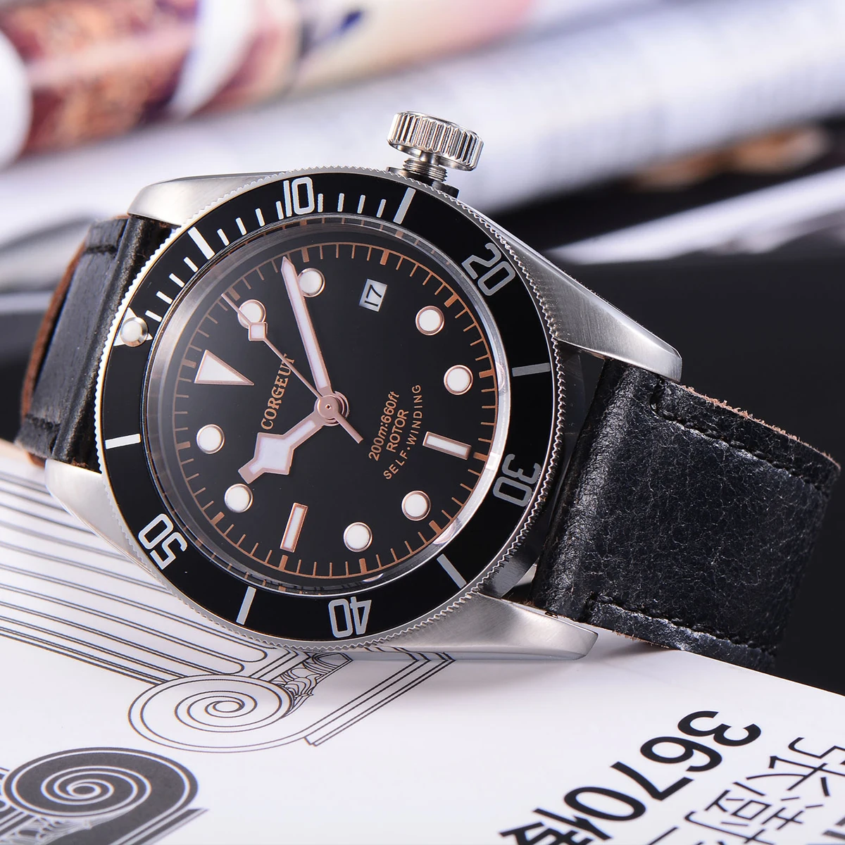 Corgeut Military Schwarz Bay Men NH35 Movemet Automatic Luxury Brand Sport Swim Clock Leather Mechanical Wrist Watches