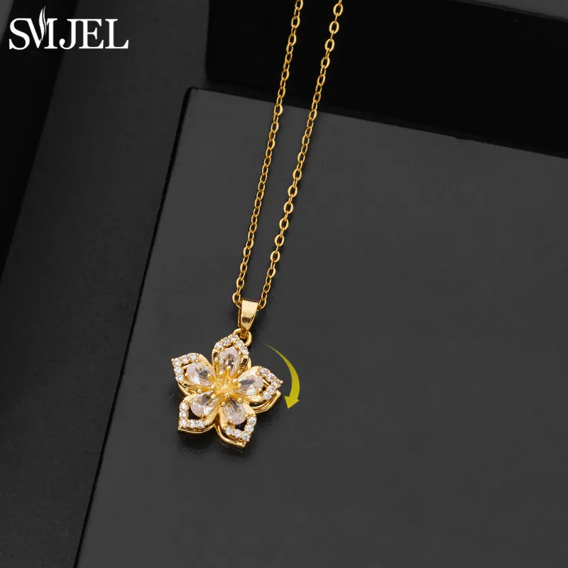 Luxury 360° Rotatable Peach Blossom Zircon Pendant Necklace for Women Temperament Flower Bride Necklaces Girls Anti Stress Gift