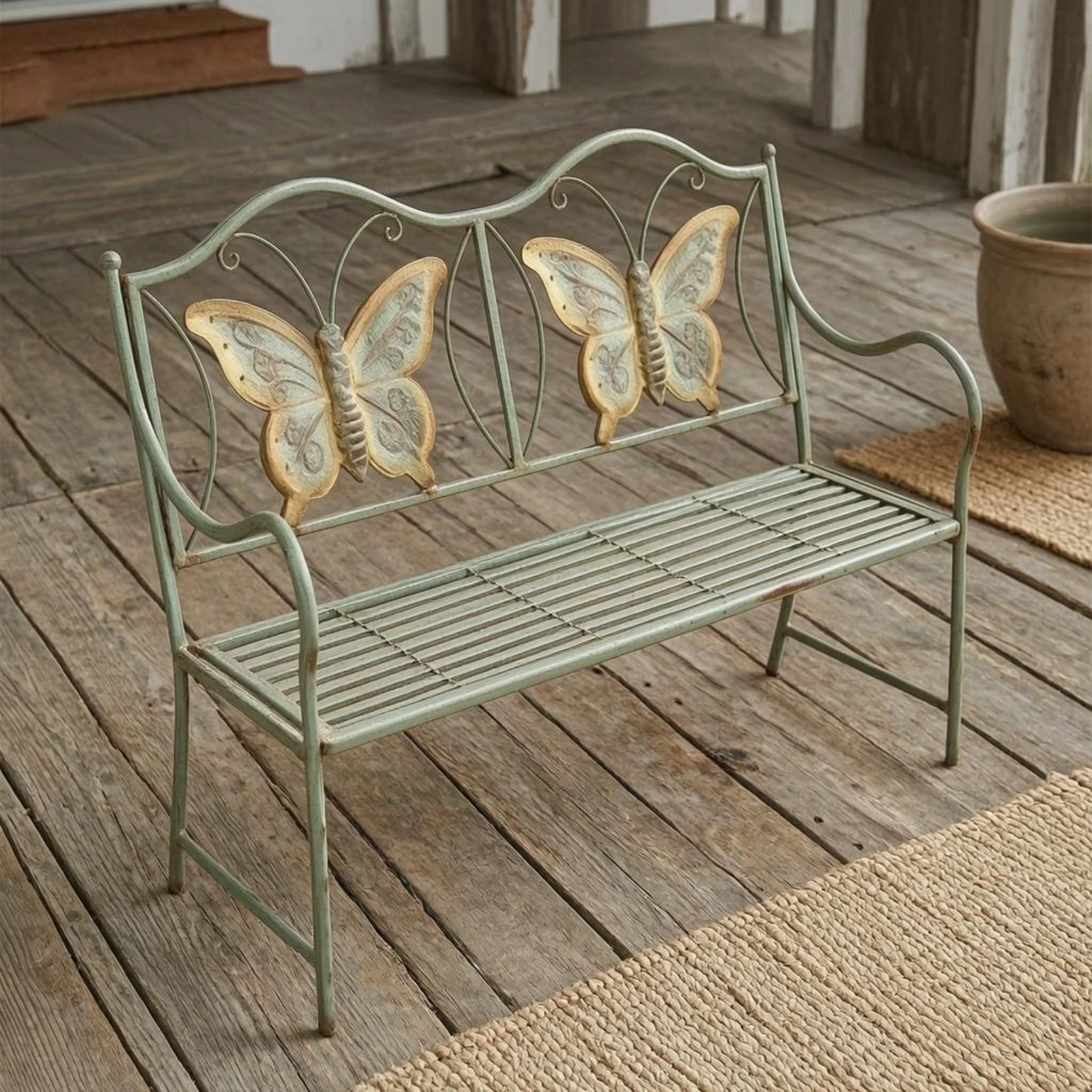 Butterfly Back Bench Antiqued Green Finish Butterfly Bench Scrollwork French Country Style for Children