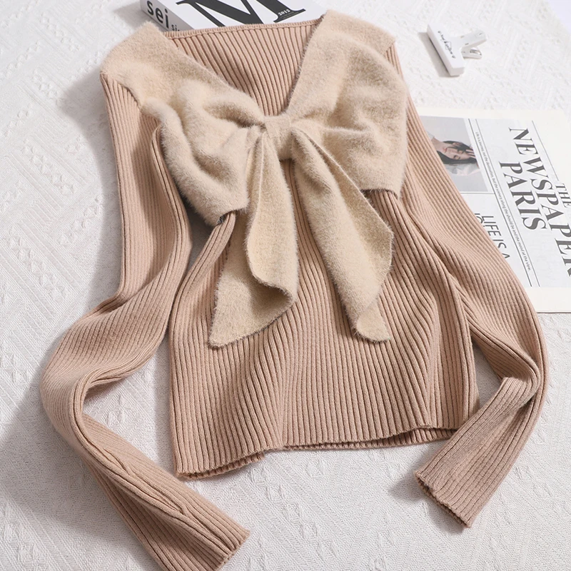 Gagaok Sweet Bow V-neck Knitted Sweater Women Autumn Winter Clothes Pullover Top French Style Slim Fit Bottom Pull Femme