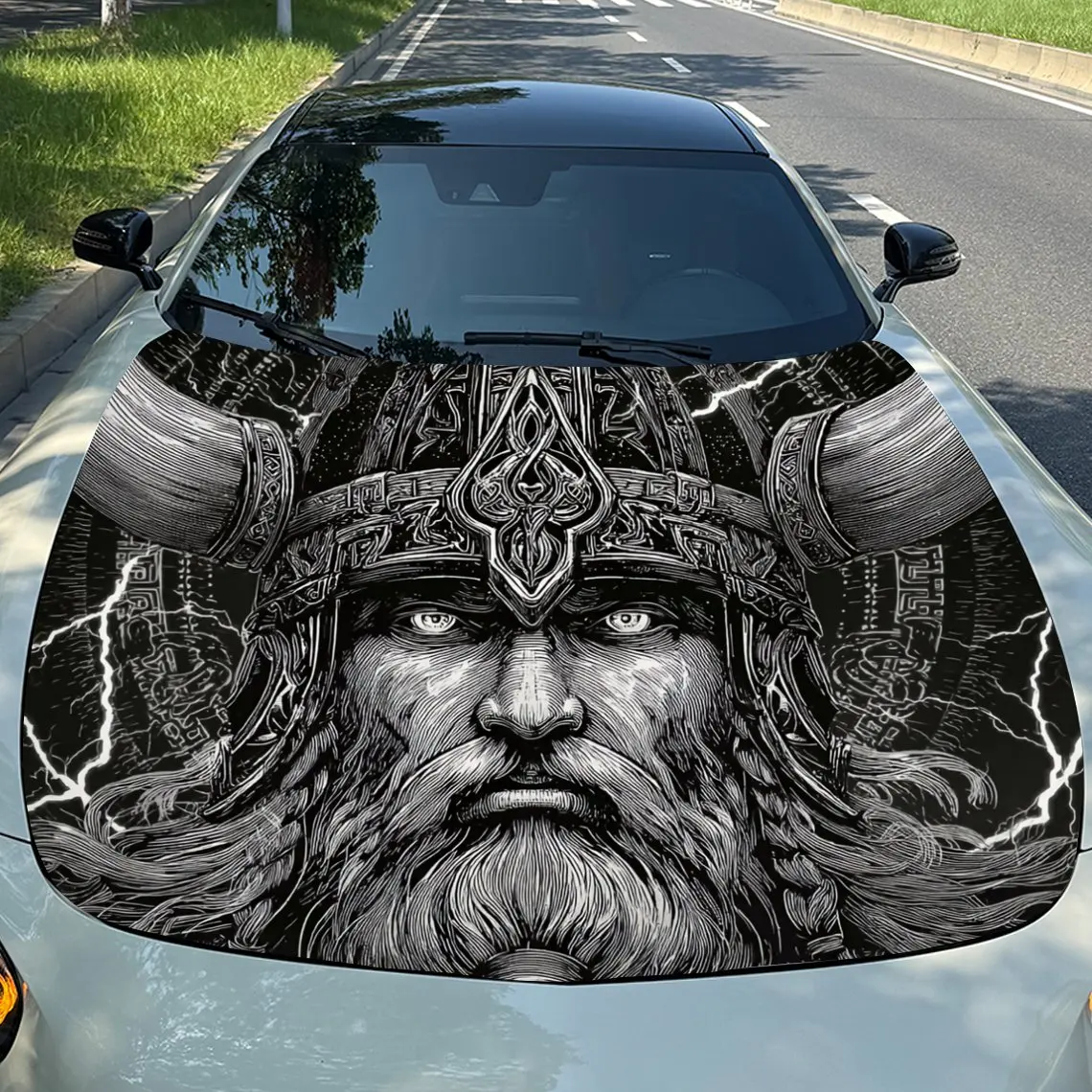[Durable Construction] Thor Pattern Car Hood Stickers-Scratch Resistant, Weather Resistant PVC Material, Easy To Stick, Adding B
