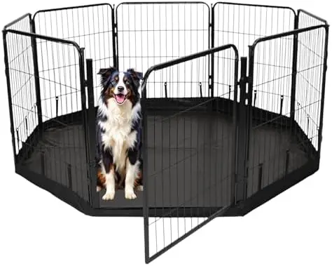 Dog Playpen w/Octagon Bottom Floor Cover - 32 inch, 8 Panel Portable Black Metal Pet Play Pen for Small & Medium Dogs